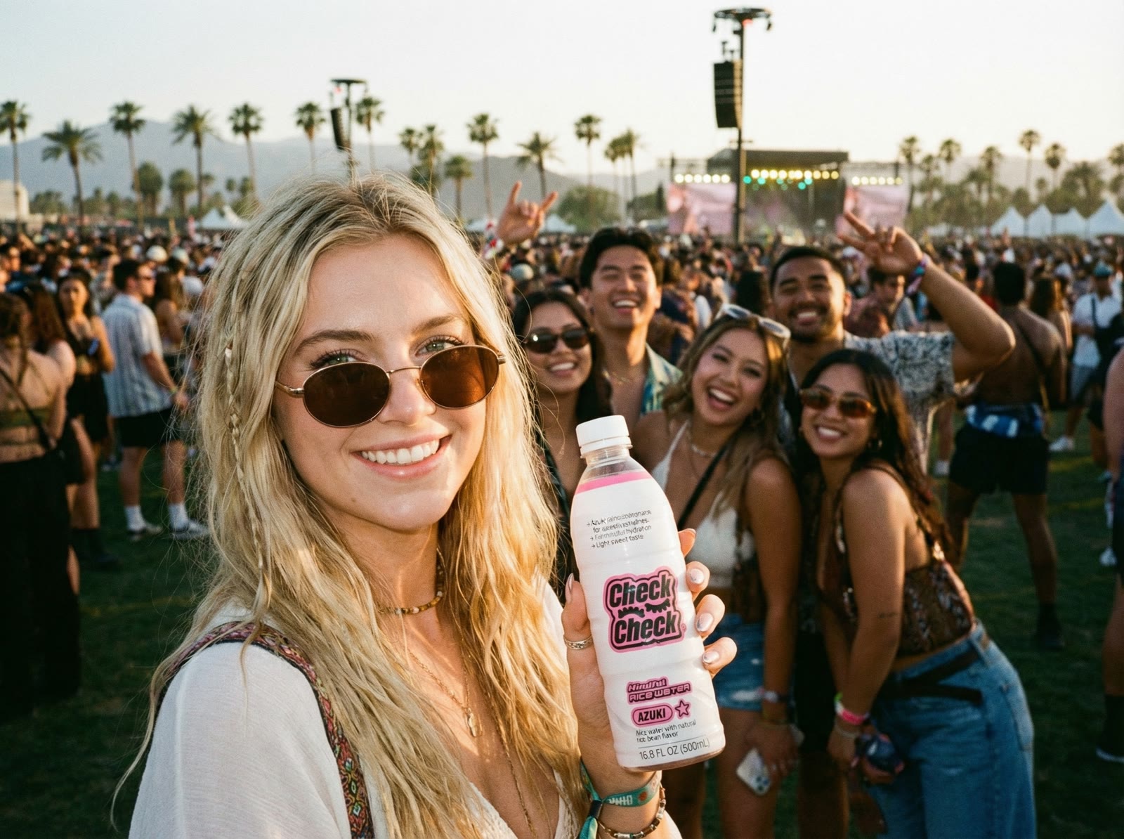 Woman holding a Check Check bottle at a music festival