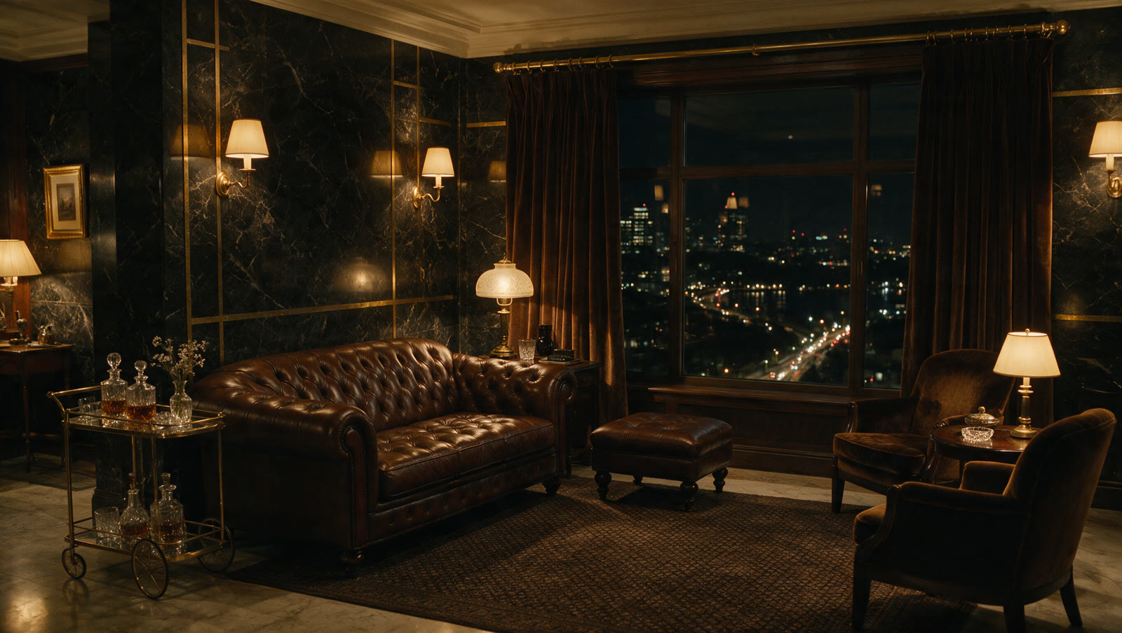 Dark penthouse lounge overlooking a city