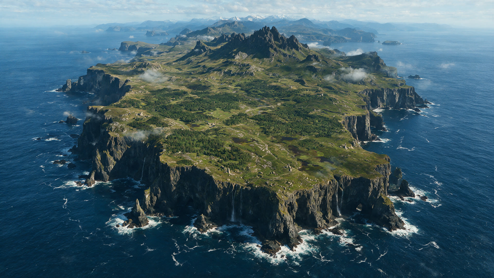 Mountainous island surrounded by ocean
