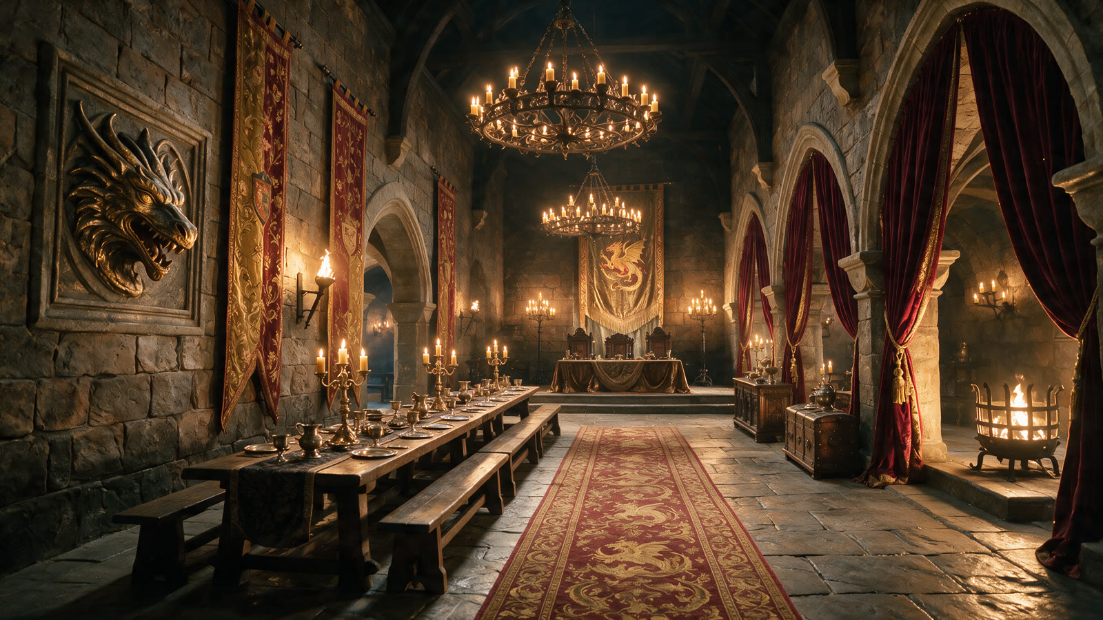 Candlelit great hall inside a castle