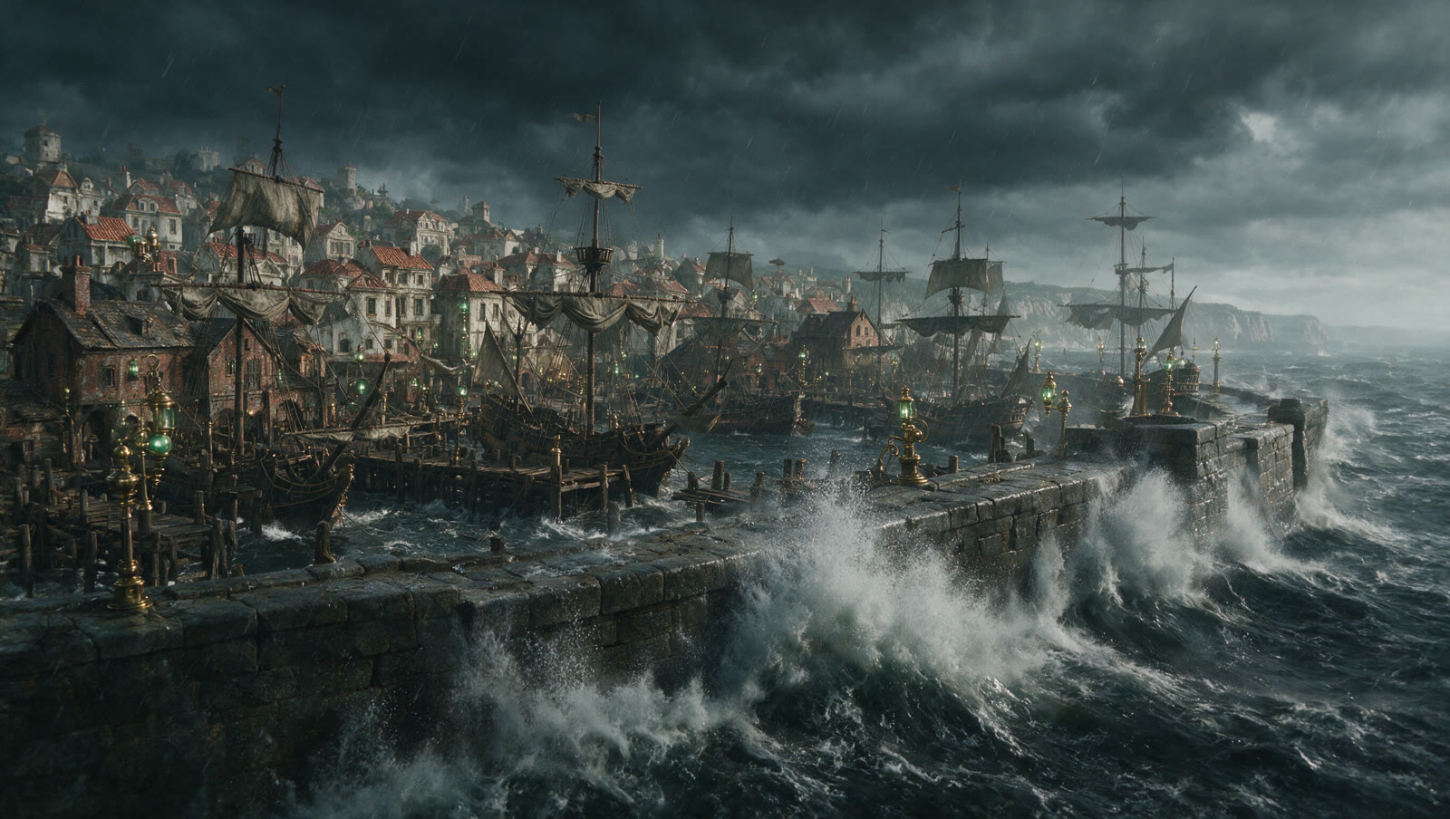 Storm waves breaking against a port city