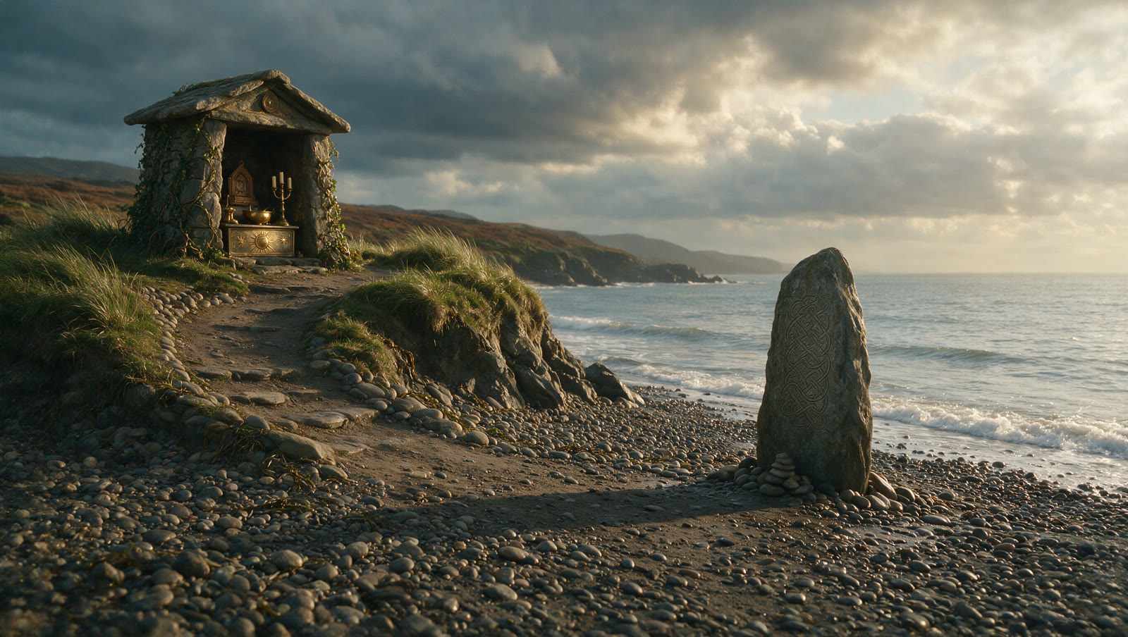 Standing stones on a windswept coast