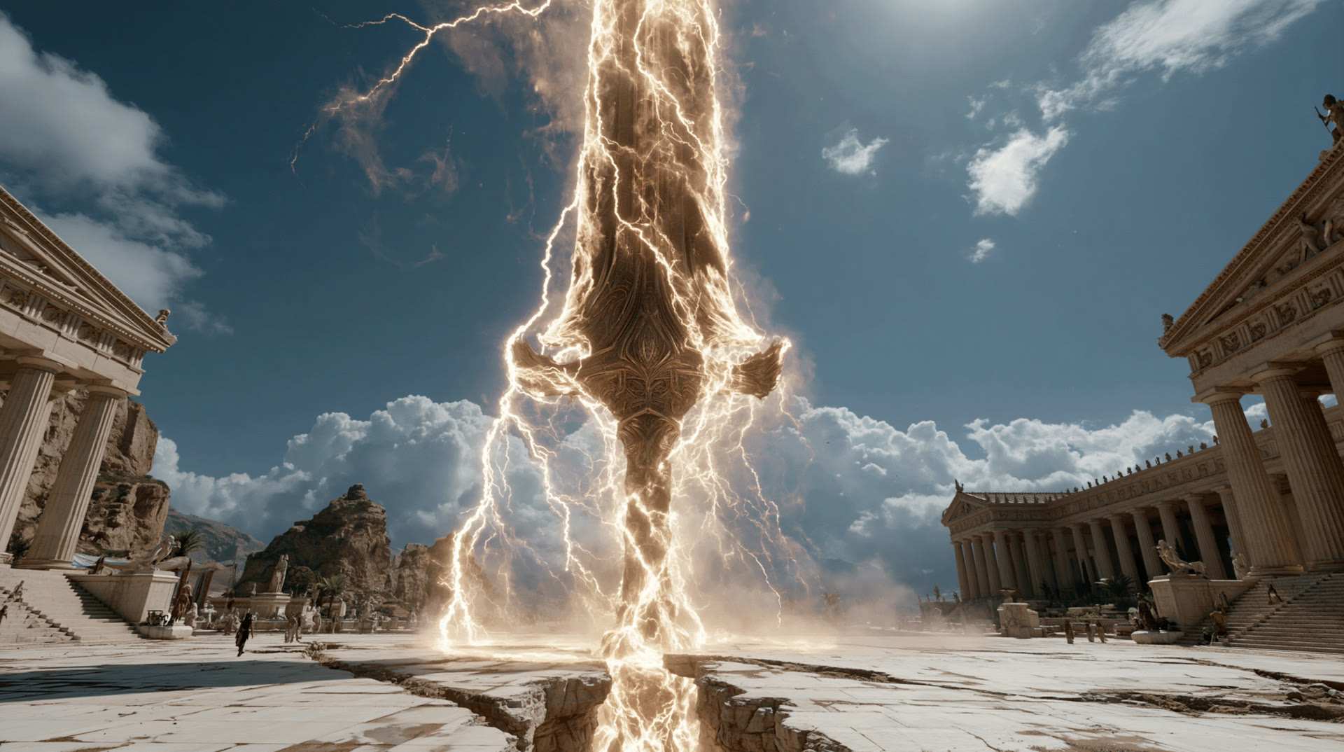 Lightning column striking a marble temple