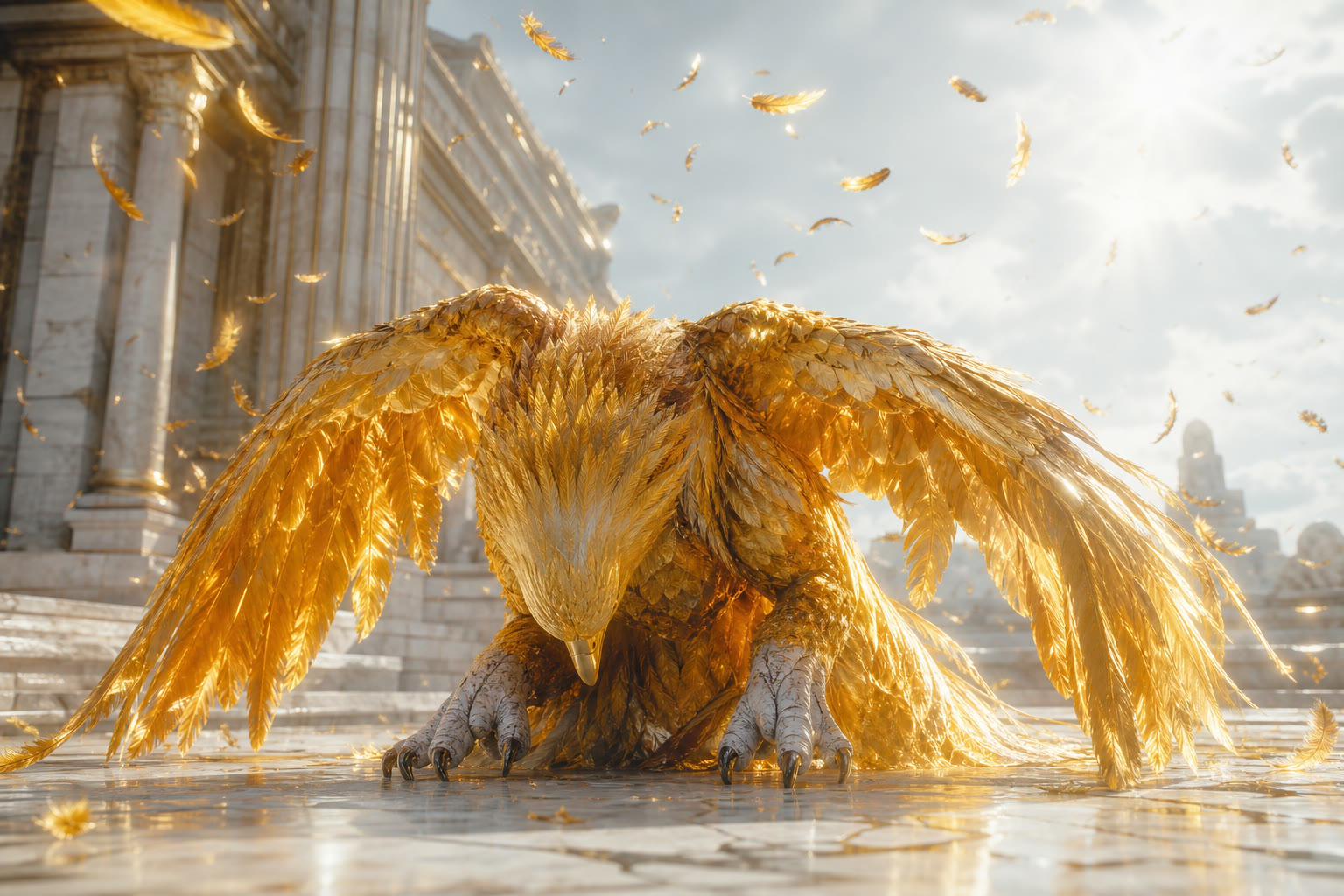 Golden eagle bowing inside a palace