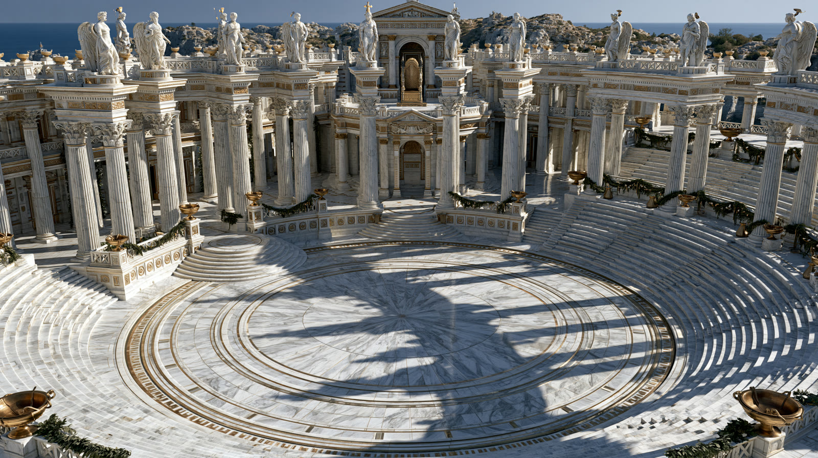 White marble arena beneath a clear sky