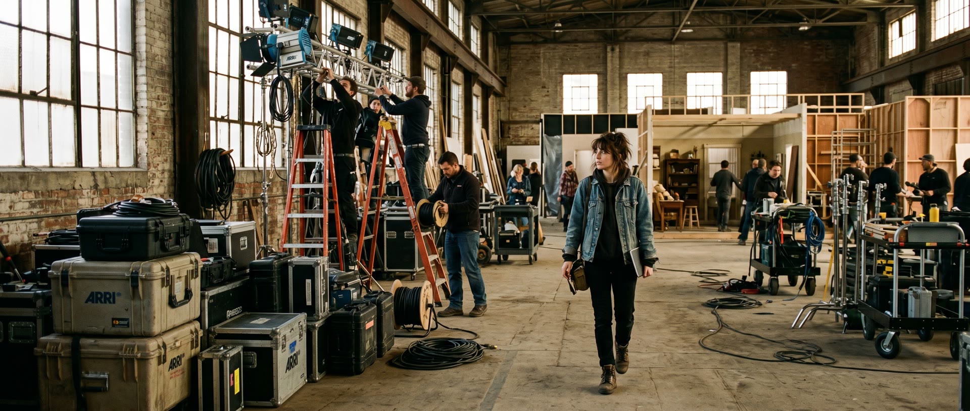 Film crew working inside a warehouse studio