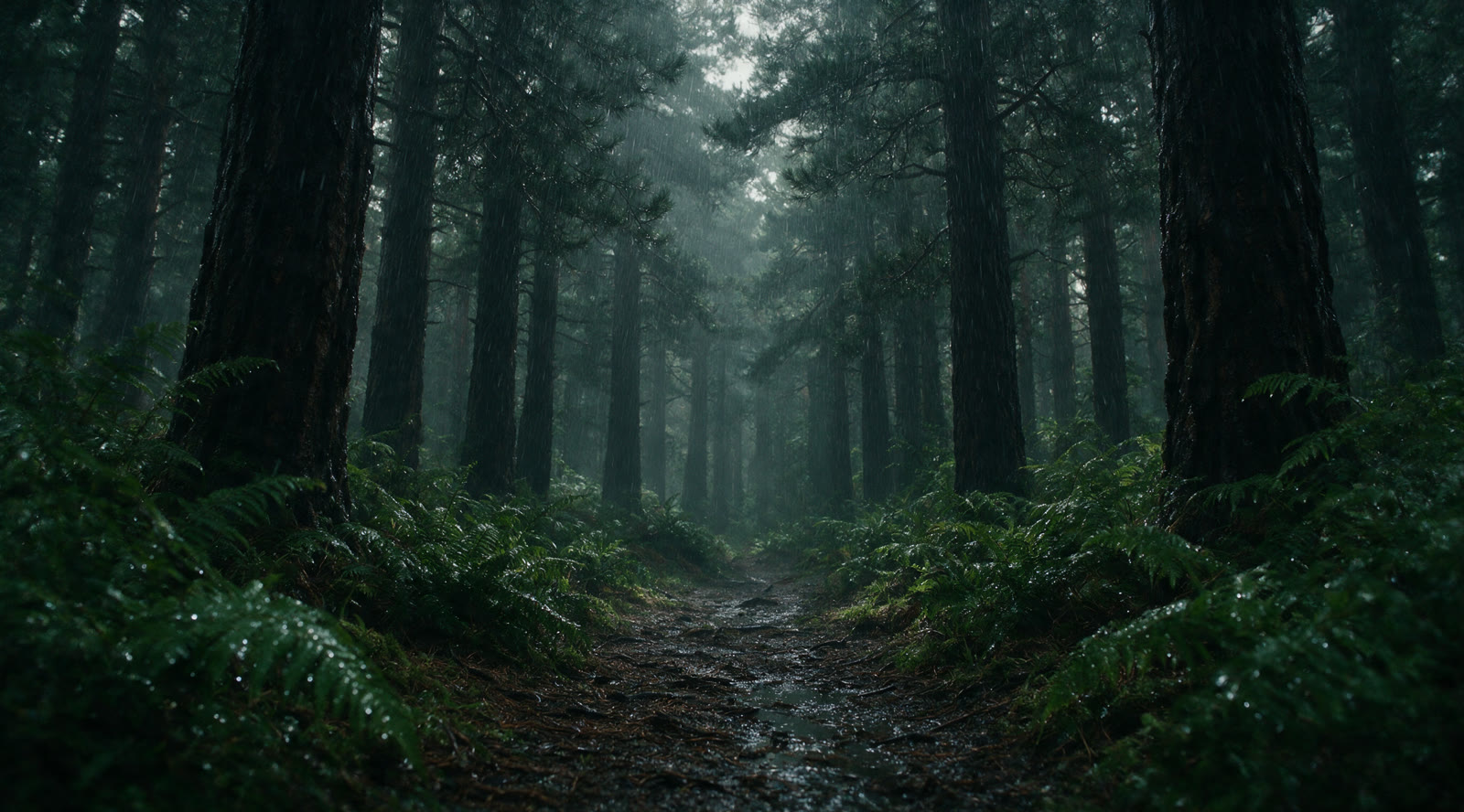Empty path through a dark pine forest