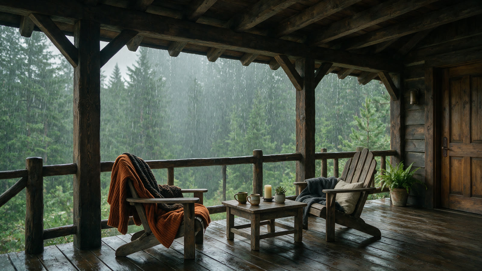 Rain-soaked porch at a forest cabin