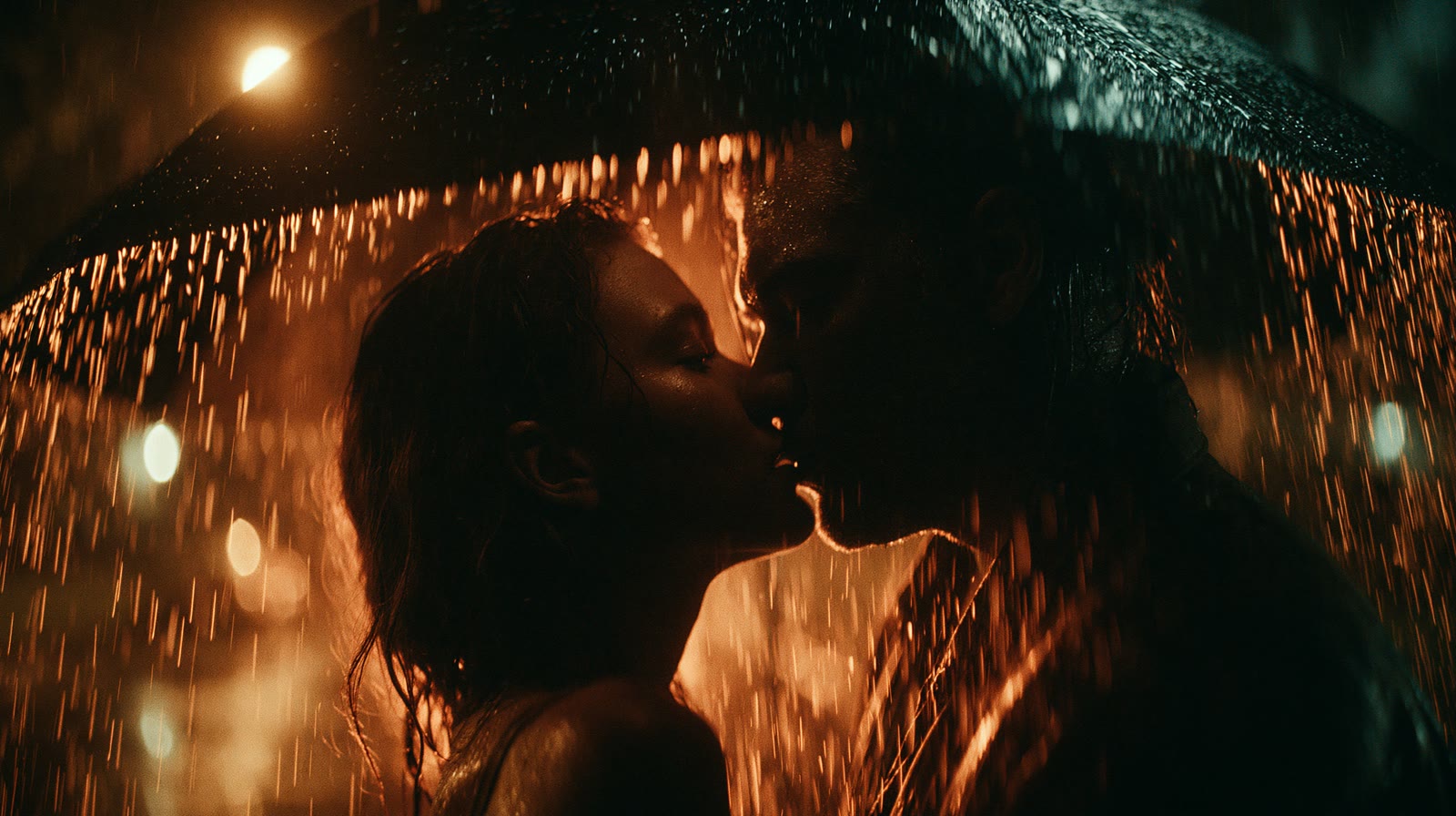 Couple kissing beneath warm lights