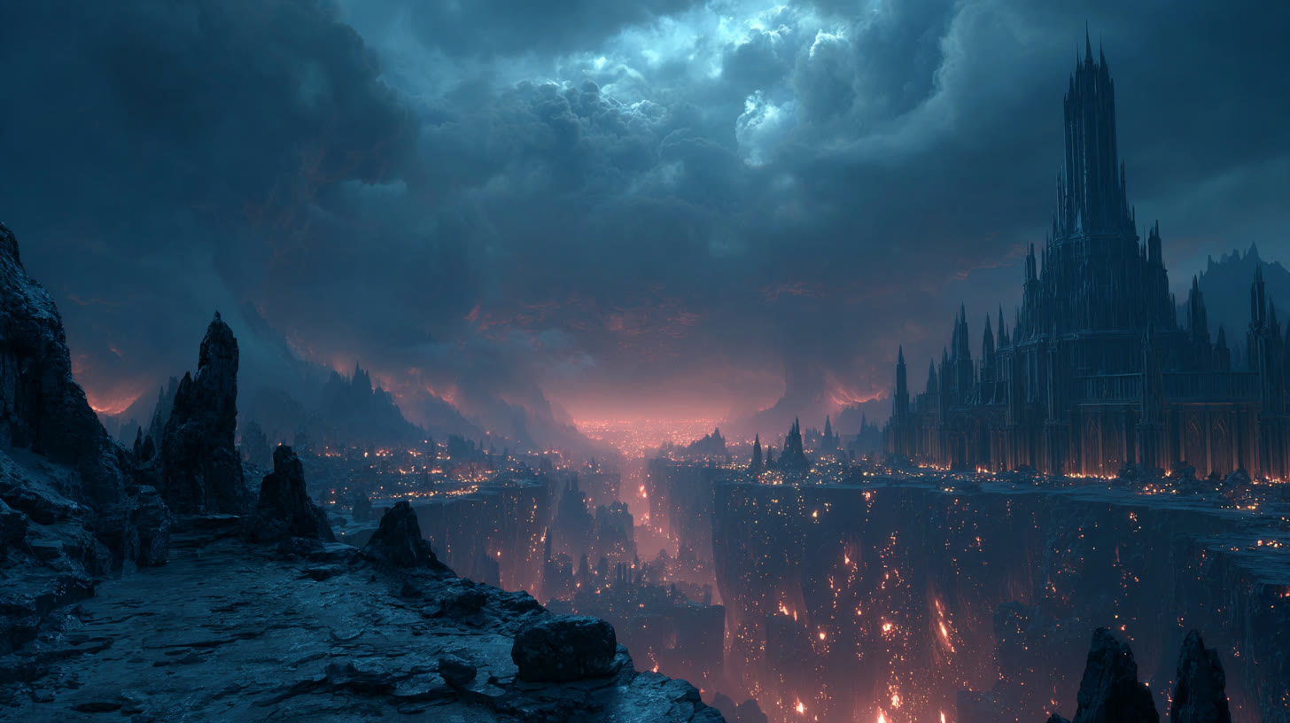 Underworld city glowing beneath storm clouds