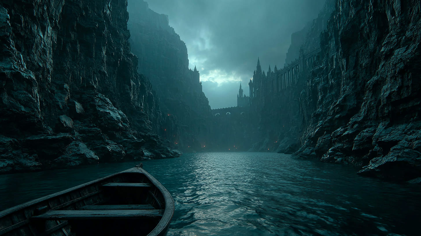 Black boat crossing a rocky gorge