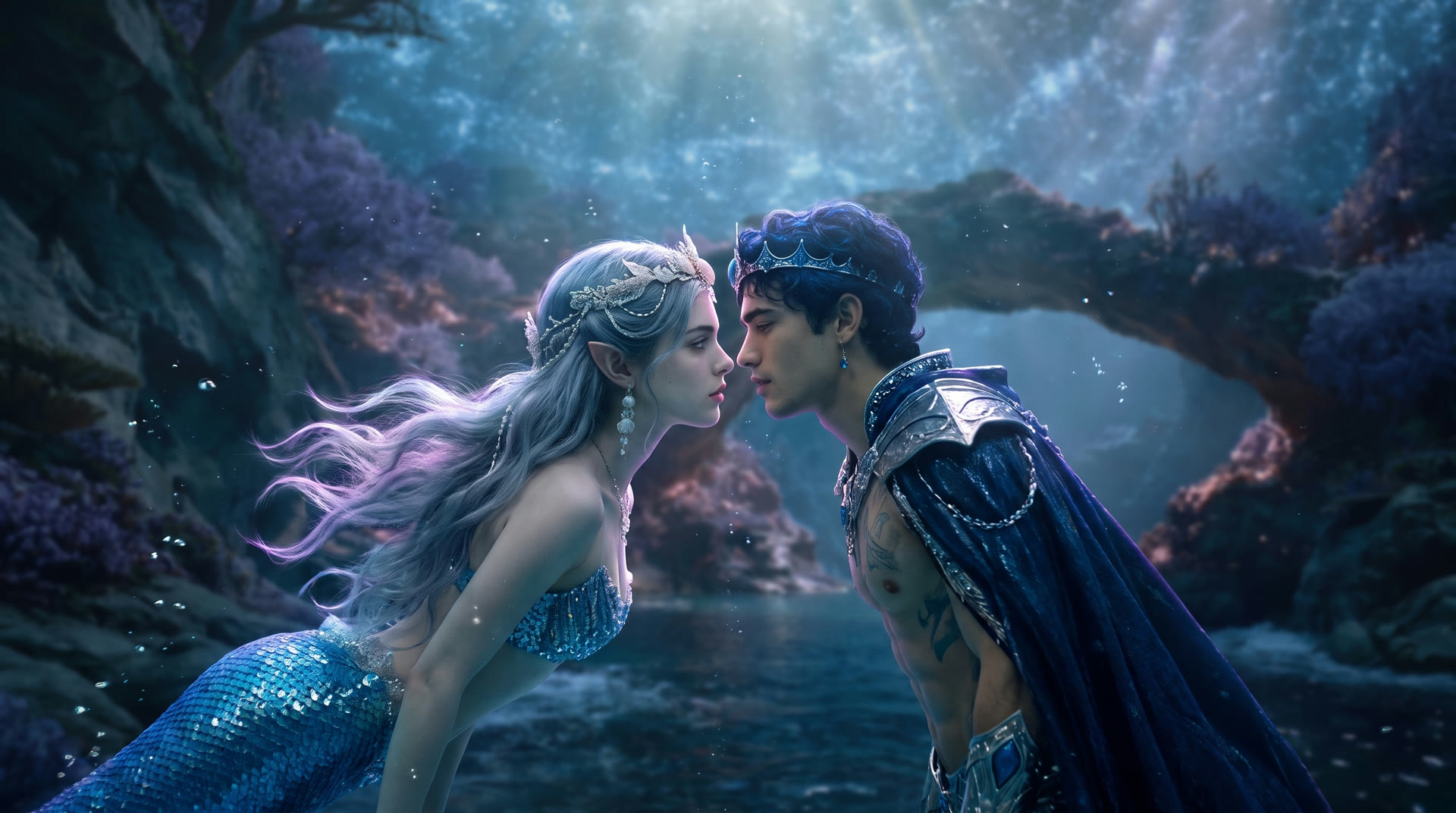 Mermaid and prince facing each other underwater