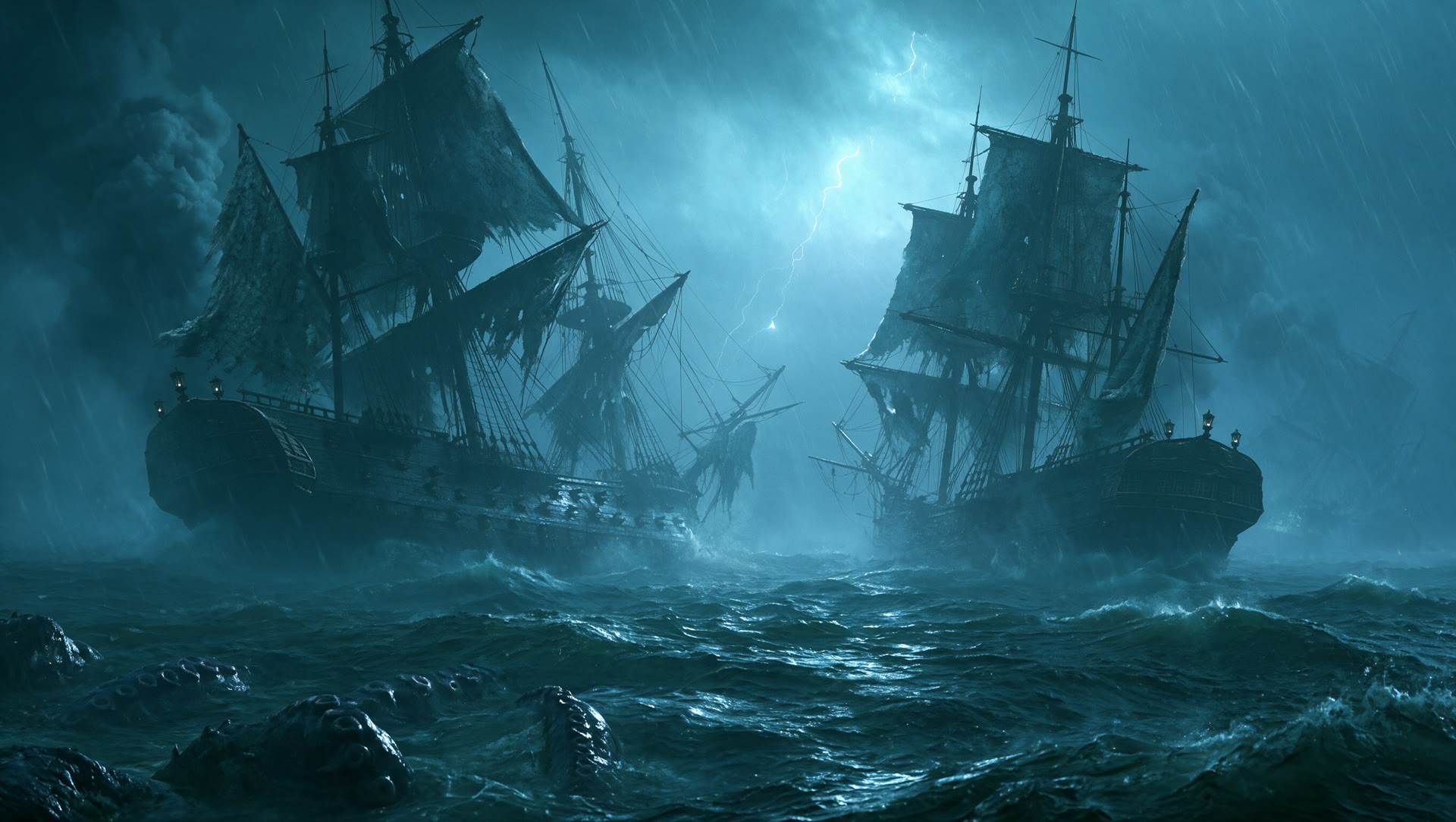 Tall ships crossing a stormy sea