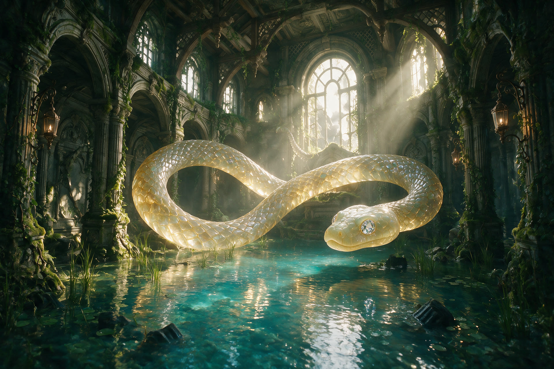 Glowing white serpent in a flooded ruin
