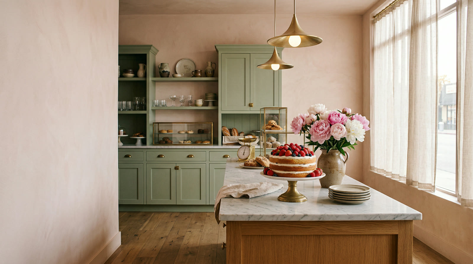 Layer cake on a pastel kitchen island