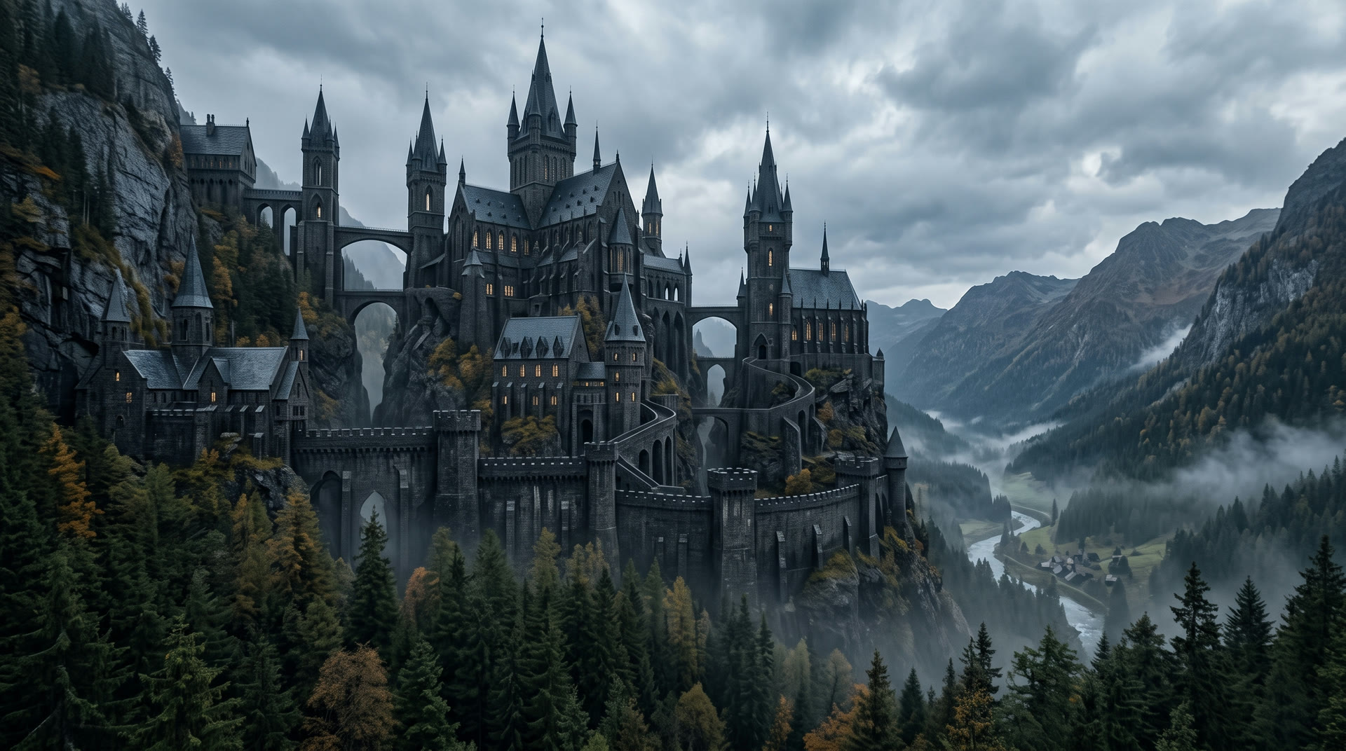 Gothic mountain castle above a valley