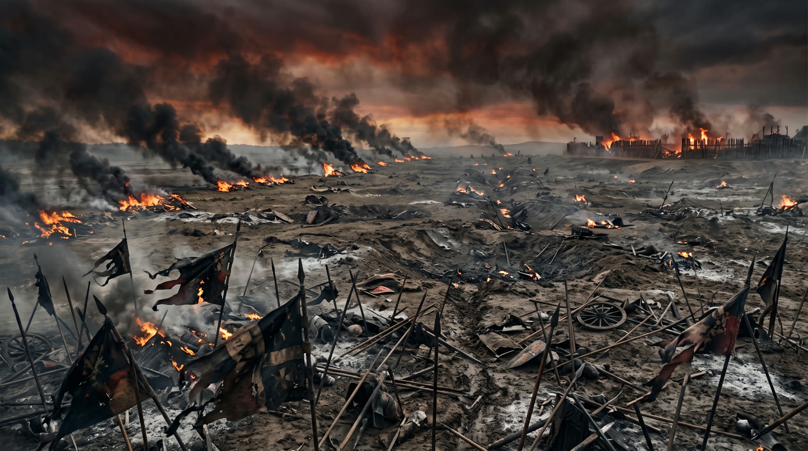 Burning battlefield strewn with banners
